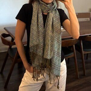 Blue and light gray 100% Pashmina Scarf with Fringe